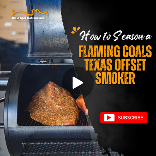 This_image_shows_Flaming_coals_offset_smoker_with_different_kinds_of_meat