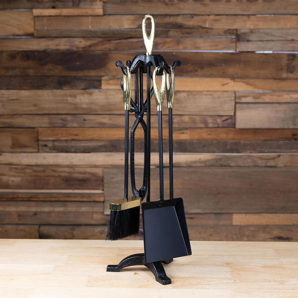 Fireplace Tool Set - 4 piece plus stand - Black and Brass - BBQ Spit Rotisseries