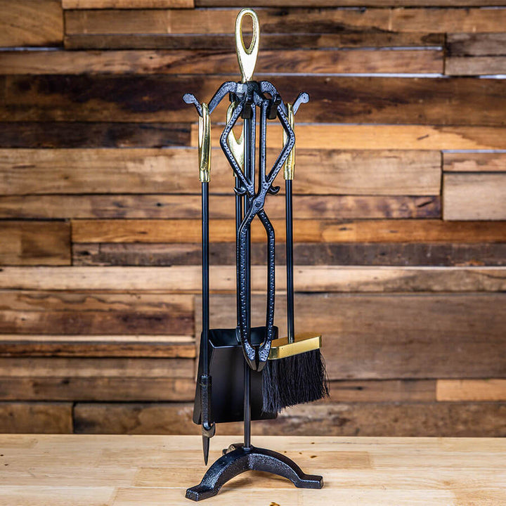 Fireplace Tool Set - 4 piece plus stand - Black and Brass - BBQ Spit Rotisseries