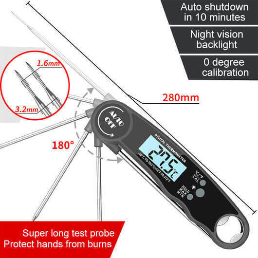 Waterproof Digital Meat Thermometer with Folding Probe and Bottle Opener by Flaming Coals