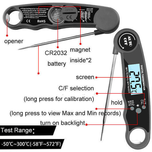 Waterproof Digital Meat Thermometer with Folding Probe and Bottle Opener by Flaming Coals