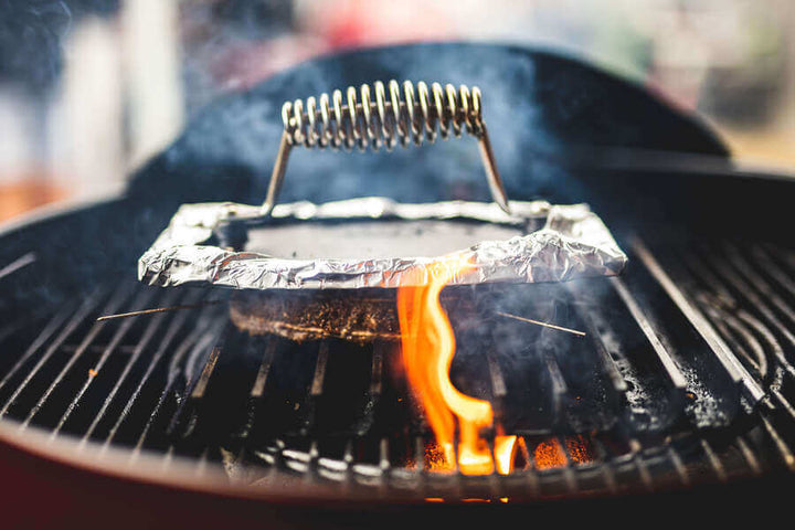 Cast Iron Burger Grill Press - Flaming Coals