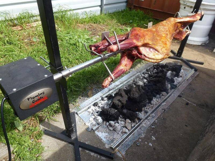 BBQ Spit Rotisserie Motor - 30kg with Skewer Support - Flaming Coals