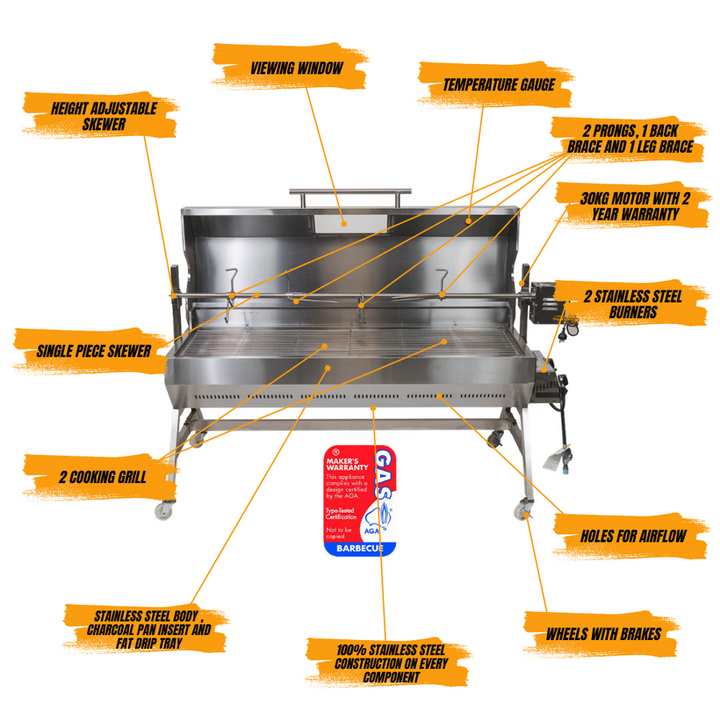 DUAL FUEL Charcoal and Gas Spit Roaster 1500mm | Flaming Coals