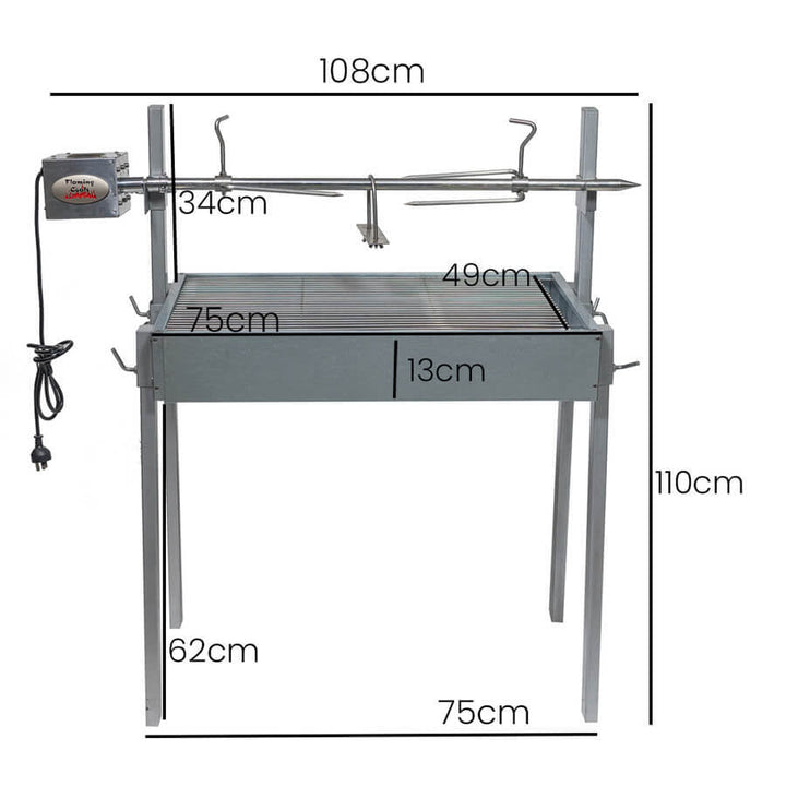 Extendable Large Charcoal BBQ Spit Rotisserie - Flaming Coals