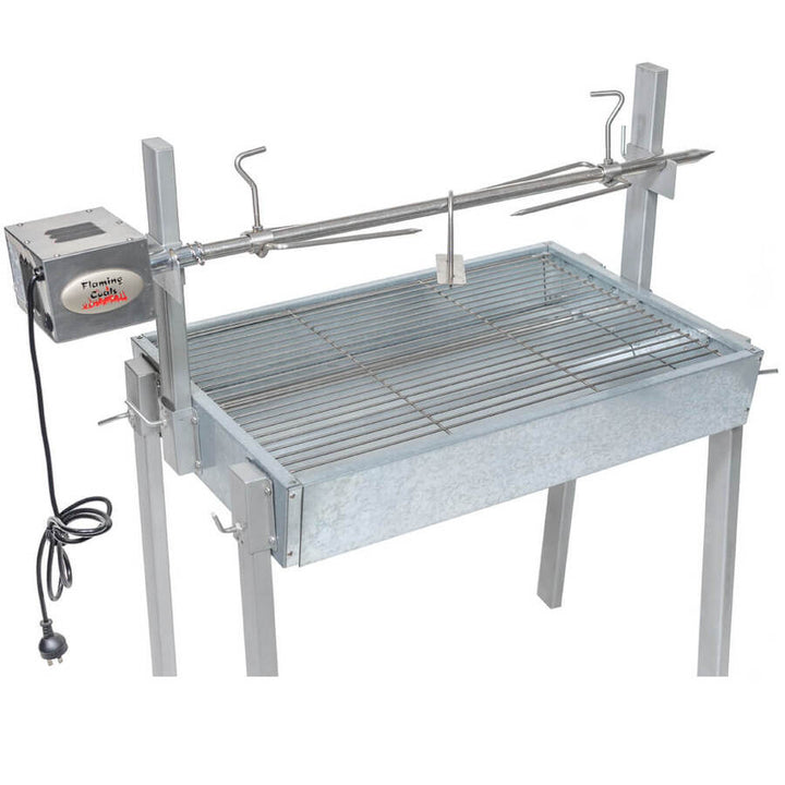 Extendable Large Charcoal BBQ Spit Rotisserie - Flaming Coals