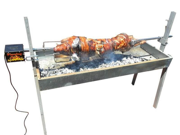 Extendable Large Charcoal BBQ Spit Rotisserie - Flaming Coals